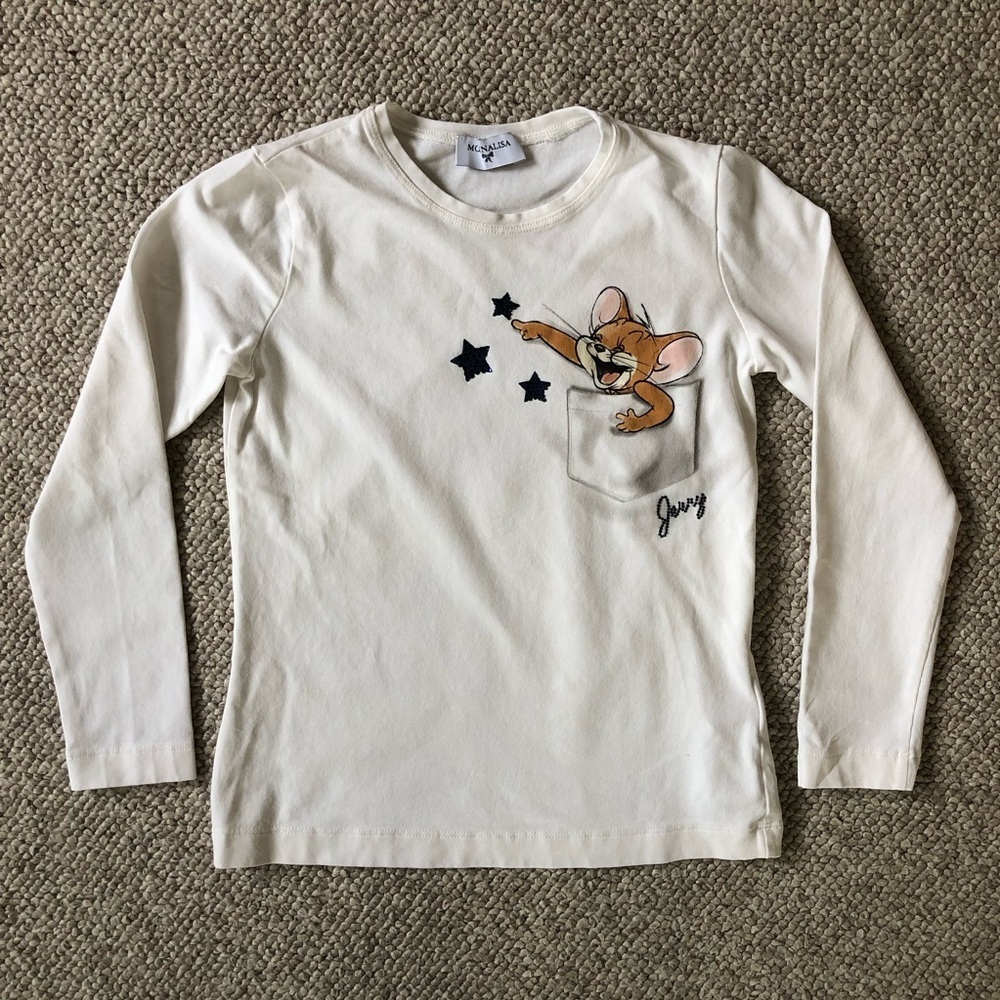 MonnaLisa Girl’s Embellished Tom & Jerry Long Sleeve White Tee